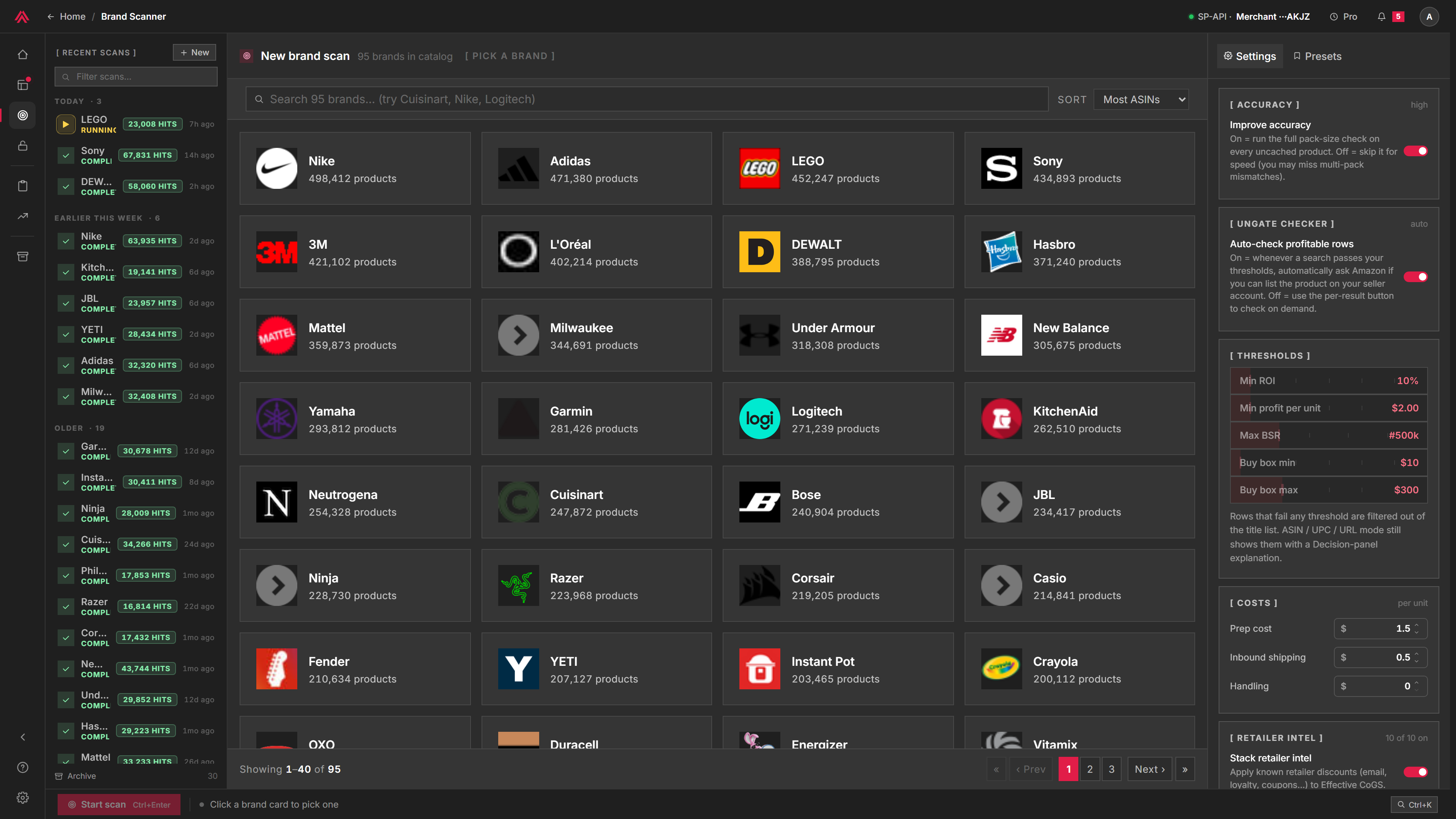 The brand picker — brands with product counts, searchable