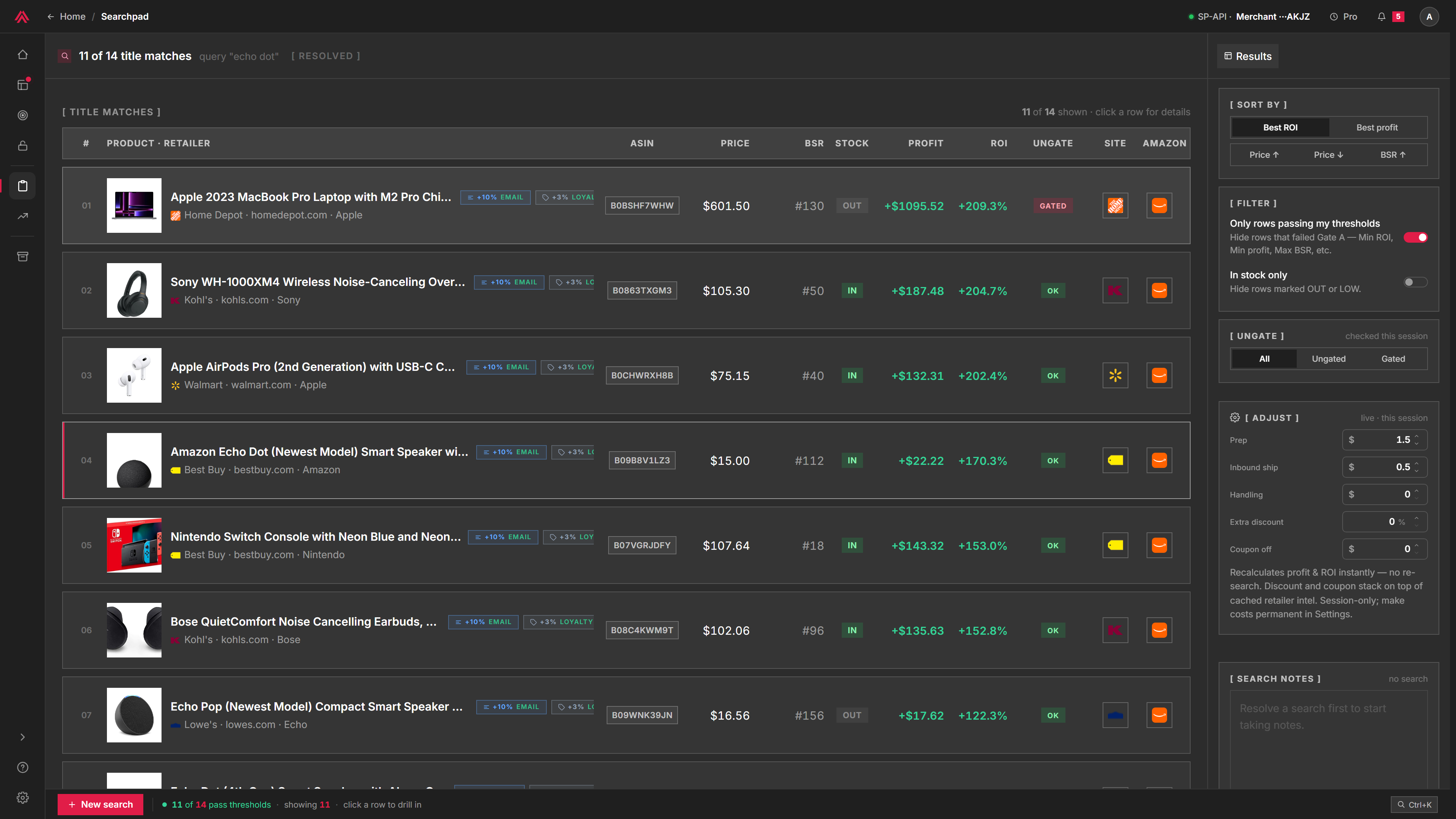Title search results — matching products ranked with profit and ROI per row