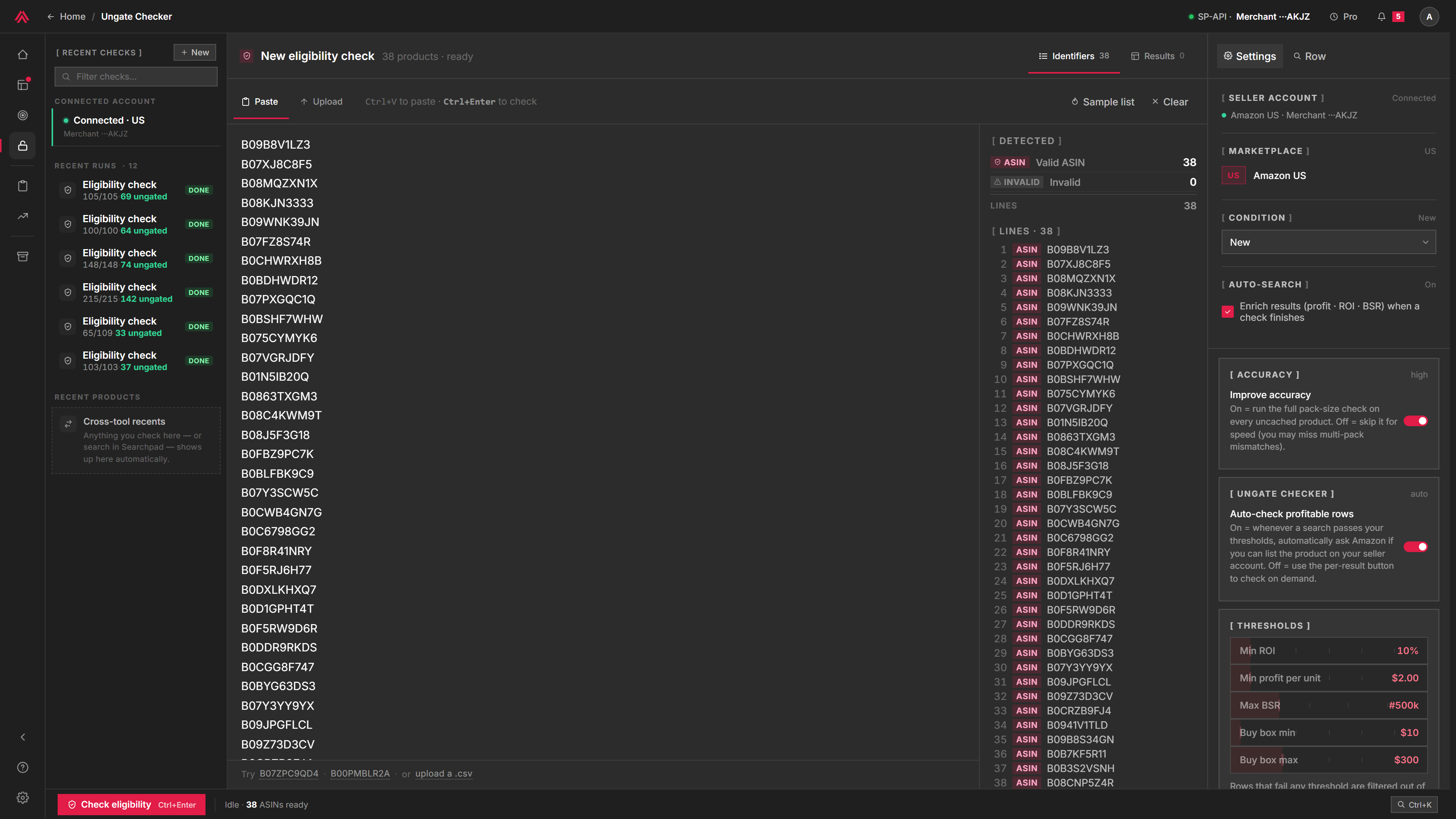 The identifiers pane with a pasted ASIN list detected